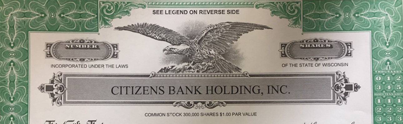 Close up of Citizens Bank Holding, Inc. share certificate